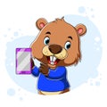 The beaver holding the purple smartphone with his hand