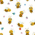 Cartoon bee background. Bees and flower seamless pattern, babies textile print with funny insect. Flying animals, daisy Royalty Free Stock Photo