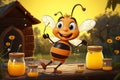 Cartoon bee on beehive, waving beside honey jars, honeybees in flight charming countryside scene Royalty Free Stock Photo