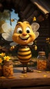 Cartoon bee on beehive, waving beside honey jars, honeybees in flight charming countryside scene Royalty Free Stock Photo