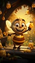 Cartoon bee on beehive, waving beside honey jars, honeybees in flight charming countryside scene Royalty Free Stock Photo