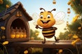 Cartoon bee on beehive, waving beside honey jars, honeybees in flight charming countryside scene Royalty Free Stock Photo