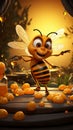 Cartoon bee on beehive, waving beside honey jars, honeybees in flight charming countryside scene Royalty Free Stock Photo