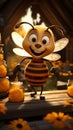 Cartoon bee on beehive, waving beside honey jars, honeybees in flight charming countryside scene Royalty Free Stock Photo
