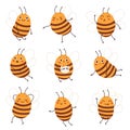 Cartoon bee. Cute funny honeybee characters, different poses and positive emotions, pretty striped insect with transparent wings,
