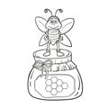 Cartoon bee with honey. Black and white vector illustration for coloring book
