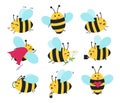 Cartoon bee icon set vector illustration. Cute flat style bee character Royalty Free Stock Photo