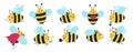 Cartoon bee icon set vector illustration. Cute flat style bee character Royalty Free Stock Photo