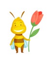 Cartoon bee insect with flower. Character of happy fly illustration. Cute honey harvester character for kids. Smiley Royalty Free Stock Photo