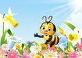 Cartoon bee sitting on flower and waving hand Royalty Free Stock Photo