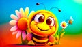 Cartoon bee sitting on top of flower next to pink flower. Generative AI Royalty Free Stock Photo