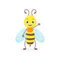 Cartoon bee or wasp, bumblebee cute vector mascot for logo, nursery goods, natural organic food or honey illustration Royalty Free Stock Photo