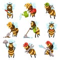 Cartoon bee workers. Cute bees of different professions, diligent workers and professionals vector illustration set