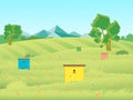 Cartoon Beekeeping Apiary Farm Garden Landscape Background. Vector