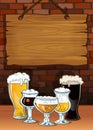 cartoon beer mugs on brick wall background poster
