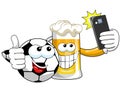 Cartoon beer spccer ball taking selfie smartphone isolated