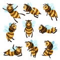 Cartoon bees. Cute bee character in different poses, flying honey bee mascot vector illustration set Royalty Free Stock Photo