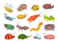 Cartoon beetle. Funny smiling bugs, children beetles. Happy insects, ladybug and caterpillar, larva. Wild forest world