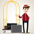 Cartoon bell boy with trolley and bag