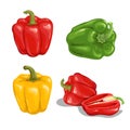 Cartoon bell peppers set. Red, green and yellow vegetables. Group with whole and halved red bells. Vector illustrations collection