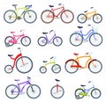 Cartoon bicycles. Different types of bikes for kids and adults, city bike, sport bicycle and unicycle vector set