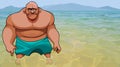 Cartoon big bald man stands in the clear water of the blue sea Royalty Free Stock Photo