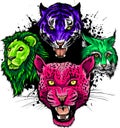 Cartoon big cats vector set. Illustration of cougar, jaguar, leopard, lion, tiger, cheetah, snow leopard.