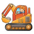 Cartoon big crawler excavator with worker. Construction vehicles. Colorful vector illustration for children