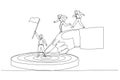Cartoon of big hand helping businesswoman reach business target metaphor of cooperation. Single continuous line art style