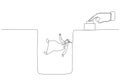 Cartoon of big hand push button make arab man dropped concept of layoff failure. Single continuous line art style