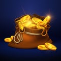 Cartoon big old bag with gold coins. Cash prize vector concept Royalty Free Stock Photo