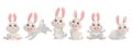 Cartoon big set of cute bunnies. Banner with vector illustrations. Vector grey bunny is sitting, jumping in cute poses