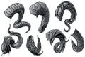 Cartoon big sharp spiral animal horns vector set