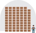 Cartoon of a big store warehouse with lot of boxes on shelves, little worker character is holding one box. Infographics