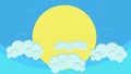 Cartoon Big Sun Behind Puffy Clouds Hovering in Blue Sky