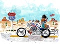 Cartoon of a biker and chopper riding along route 66