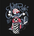 Cartoon Biker on Custom Motorcycle Just Ride Slogan Royalty Free Stock Photo