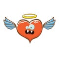 Cartoon bintage groovy heart character with wings and holy angel golden nimbus isolated on white background. Conceptual Royalty Free Stock Photo