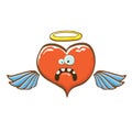 Cartoon bintage groovy heart character with wings and holy angel golden nimbus isolated on white background. Conceptual Royalty Free Stock Photo