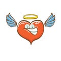 Cartoon bintage groovy heart character with wings and holy angel golden nimbus isolated on white background. Conceptual Royalty Free Stock Photo
