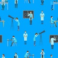 Cartoon Biologists, Chemists and Physicists Seamless Pattern Background. Vector Royalty Free Stock Photo