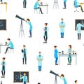 Cartoon Biologists, Chemists and Physicists Seamless Pattern Background. Vector