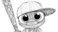 Cute Cartoon Character with Baseball Cap and Bat - Black and White Royalty Free Stock Photo
