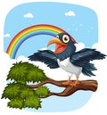 Cartoon bird on branch with rainbow Royalty Free Stock Photo