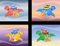 Cartoon Bird With Hat on Different Sky Colors