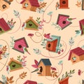 Cartoon bird houses pattern. Wooden bird homes with chirping birds and lush botanicals seamless vector background