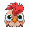 a cartoon bird with a red mohawk and big eyes is shown in a white background with a red ribbon around its neck