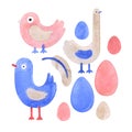 Cartoon bird watercolor set.