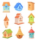 Cartoon birdhouses. Homemade nest for bird spring or autumn house, cute wooden birdhouse children workshop building Royalty Free Stock Photo