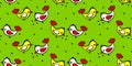 Cartoon birds or chickens pecking seeds, green background